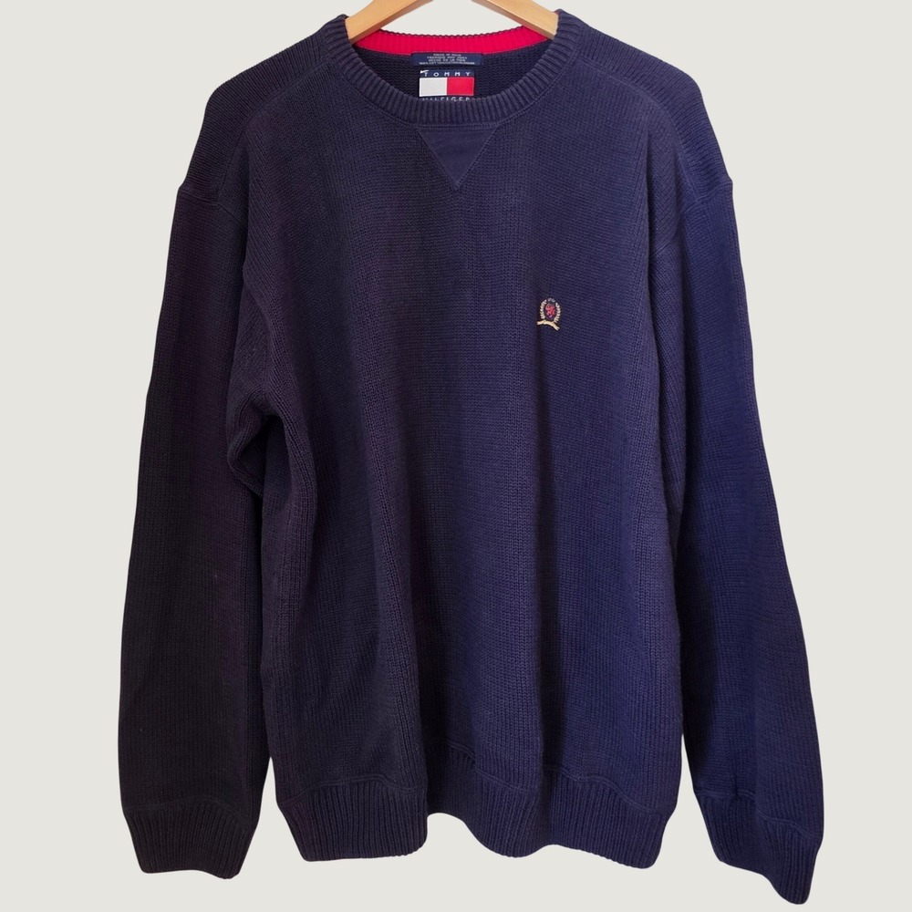 Tommy Hilfiger Vintage Crewneck Pullover Sweater Navy Blue Crest Knit Unisex